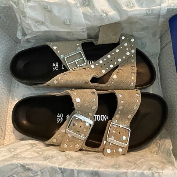 Birkenstock Arizona Rivets Sandals Taupe Suede Leather 40 W9 M7 Narrow - Picture 9 of 11
